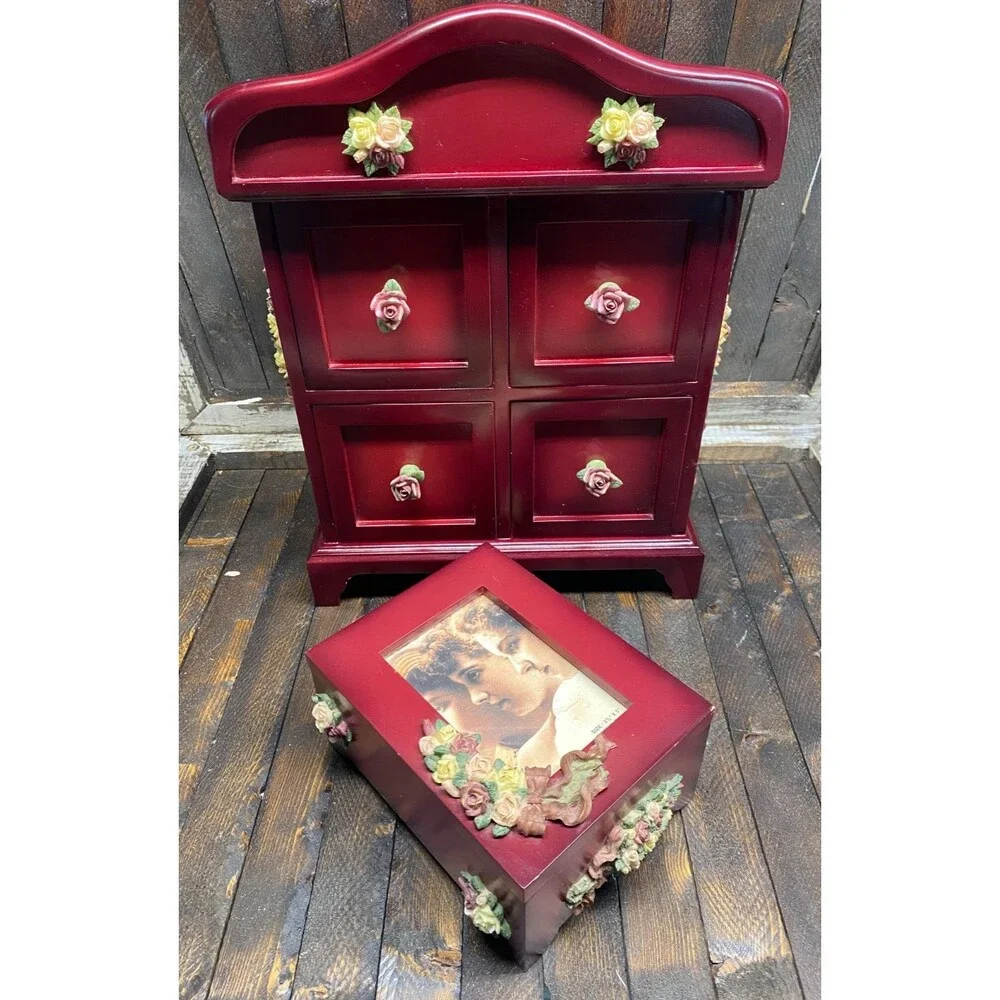 Set 2 Red Wood 4 Drawer Jewelry Chest With Resin Flowers And Trinket Photo Box